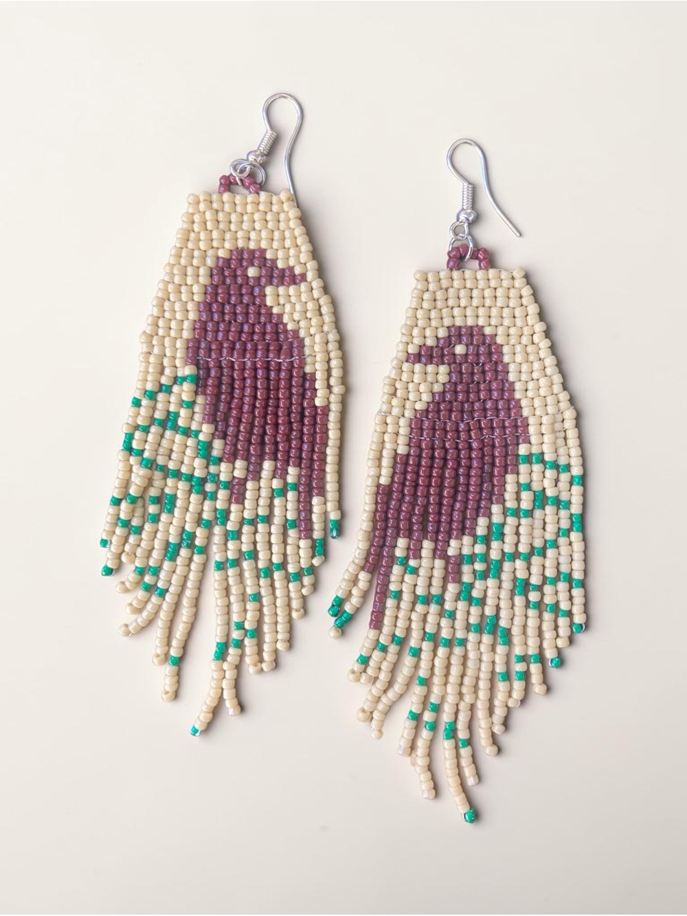 Handmade Beaded Fringe Earrings with Bird Motif